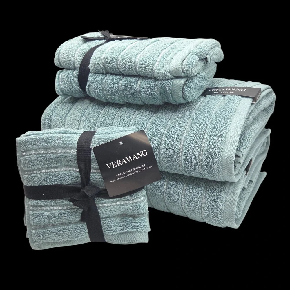 Vera Wang 8pc Zero‎ Twist Cotton Bath Towel Set Geo Stitch Aqua Blue B Twlos